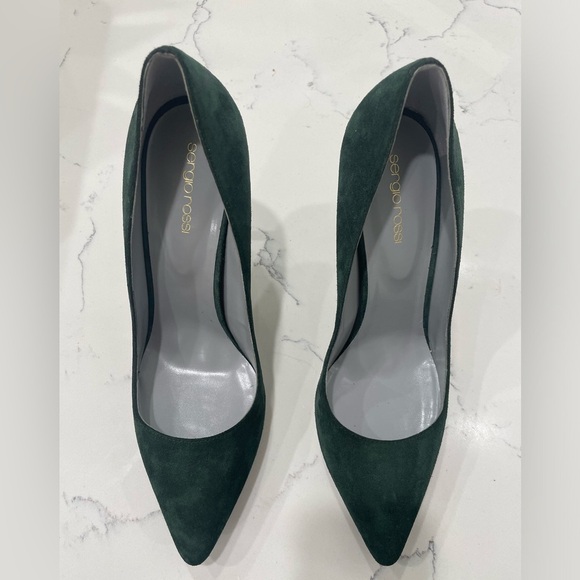 Sergio Rossi Dark Green Suede Pointed Toe Pumps Heels - Picture 2 of 16